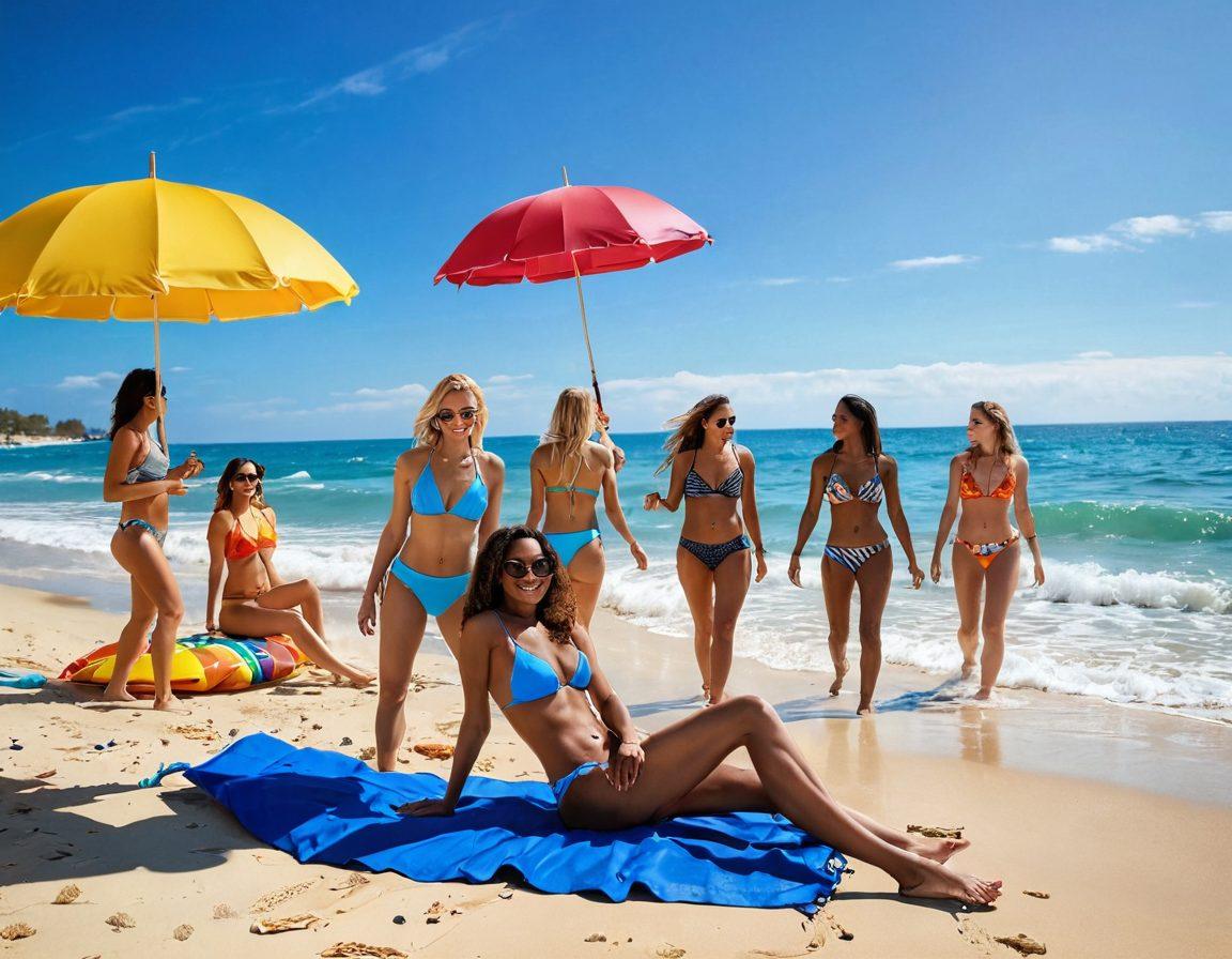 A sun-drenched beach scene showcasing a diverse group of women in stylish, trendy bikinis, playfully splashing in crystal-clear waves. Vibrant beach umbrellas and playful beach toys scattered around, with golden sand and a bright blue sky in the background. Highlight the joyful summer vibe and luscious tropical environment, evoking a sense of fun and relaxation. super-realistic. vibrant colors.